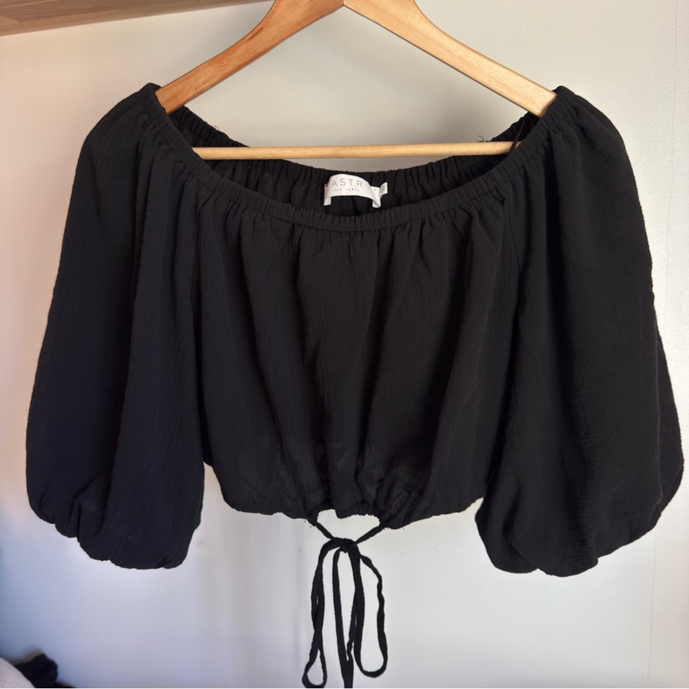 ASTR Black Off-Shoulder Crop Top, Medium, Tie Bottom, Balloon Sleeve, Boho Goth